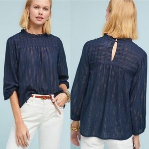 Maeve Reston Blouse Navy Ruffle Smocked Top Gold Thread